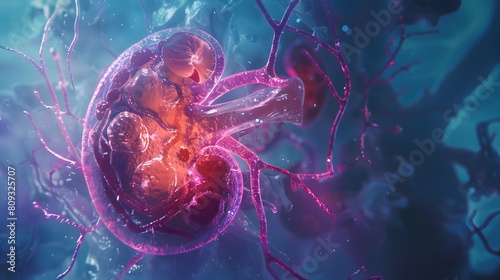 illustration of a human kidney. illustration of an inflamed human kidney on dark blue. AI Generative photo