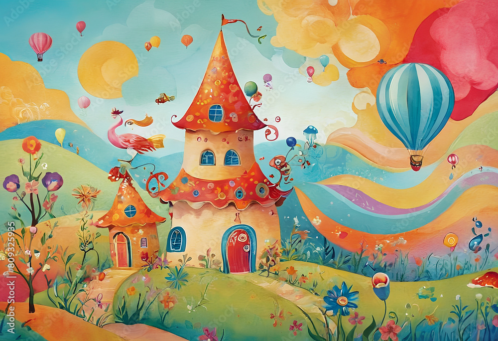 a painting of a house with a balloon and the words a painting of a house with a balloon and the words