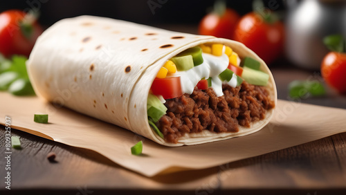 Mexican wrap with beef, vegetables and sauce. Close up Mexican food