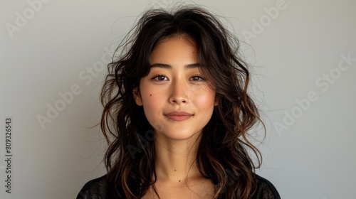 A woman with long dark hair posing for a picture, AI