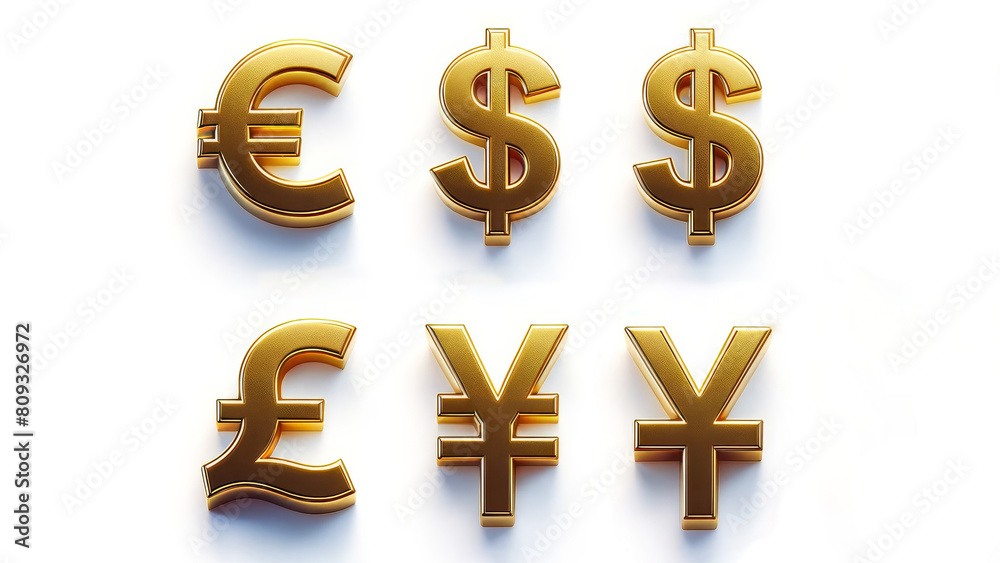 Global Currency Symbols in Gold on White Background Global Currency Symbols in Gold on White Background