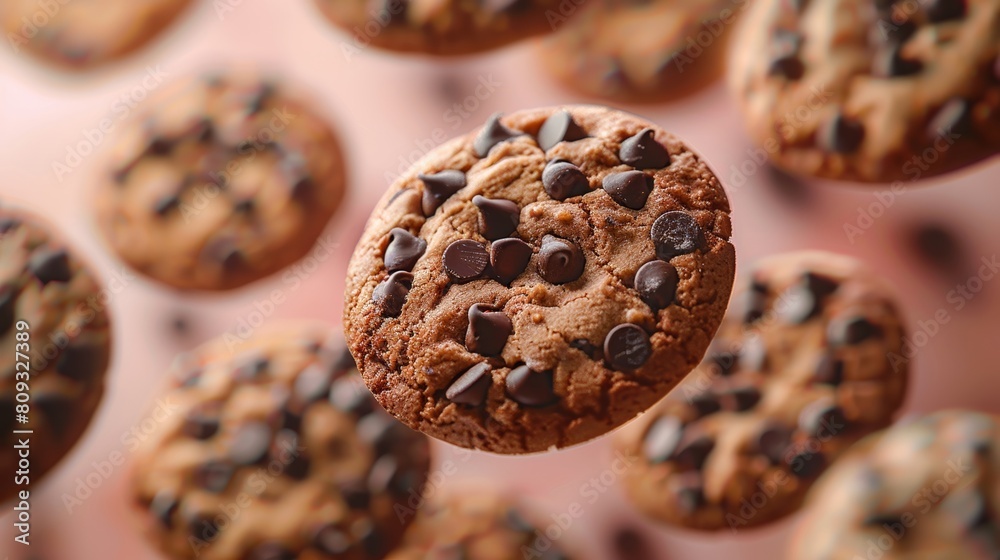 Levitating chocolate chip cookies on pink background Levitating chocolate chip cookies on pink background