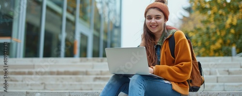 A happy young female student using laptop for the study and sitting on the city stairs.