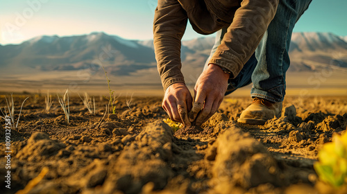 Environmental Conservation Efforts: Person Planting in Barren Soil Against Mountain Backdrop photo