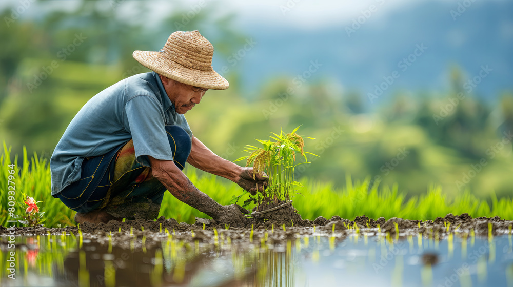 Traditional Farmer Planting Rice Seedlings in Lush Green Paddy Field
