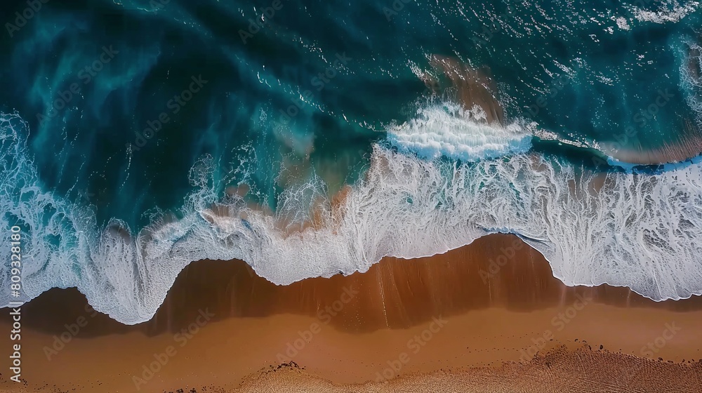 Serene Coastal Beauty: Aerial View of an Empty Beach with Rolling Waves Serene Coastal Beauty: Aerial View of an Empty Beach with Rolling Waves