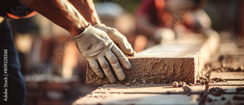 Construction Worker Building a Brick Wall. AI Generated Image photo