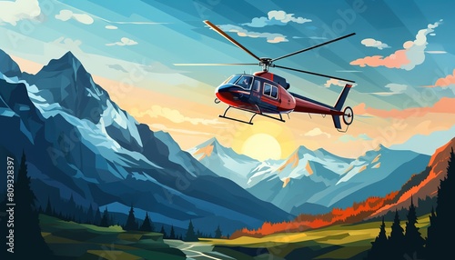 An accident victim transportation. Ski resort rescuer team. Finding people operation. Helicopter evacuating a person in a rescue sled. Flat illustration photo