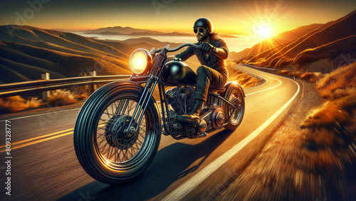 Classic Motorcycle Cruising on Scenic Mountain Road © ANDREY PROFOTO