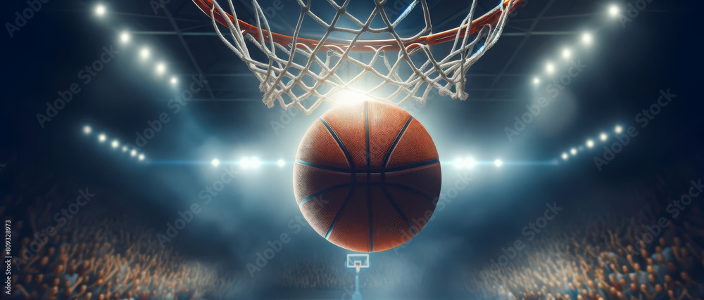 Professional Basketball Match Ball Above the Rim