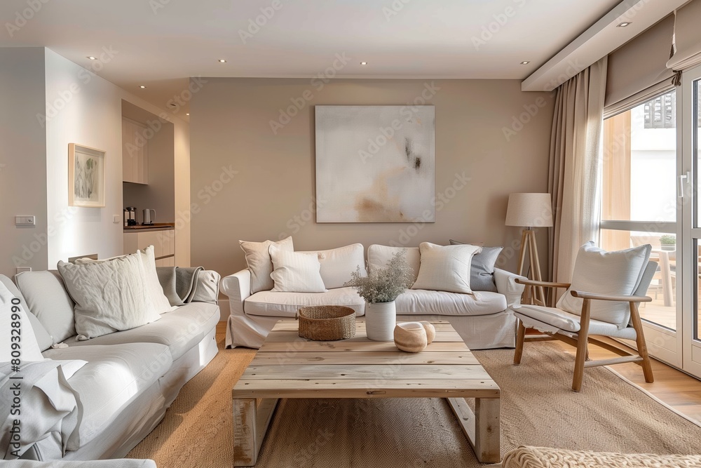 Minimal and modern interior design of a living room. White sofas with pillows and a big wooden coffee table, beige walls Minimal and modern interior design of a living room. White sofas with pillows and a big wooden coffee table, beige walls