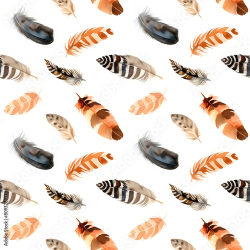 Watercolor seamless pattern with feathers on white background 