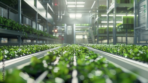 a highly automated hydroponic farm during the harvesting phase where advanced machinery and conveyor belts transport freshly harvested greens from the growing area photo