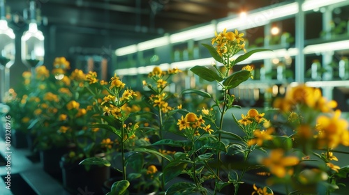 St. Johns Wort plants growing in a virtual reality lab with interactive points showing chemical structures and therapeutic effects photo