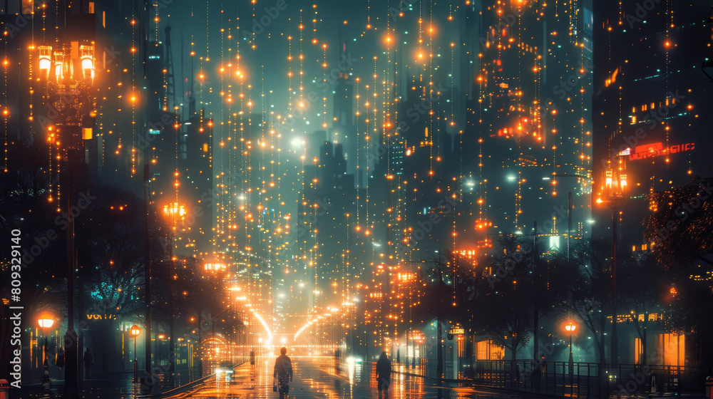 Artistic rendering of a cityscape where every IoT device from street lamps to personal wearables