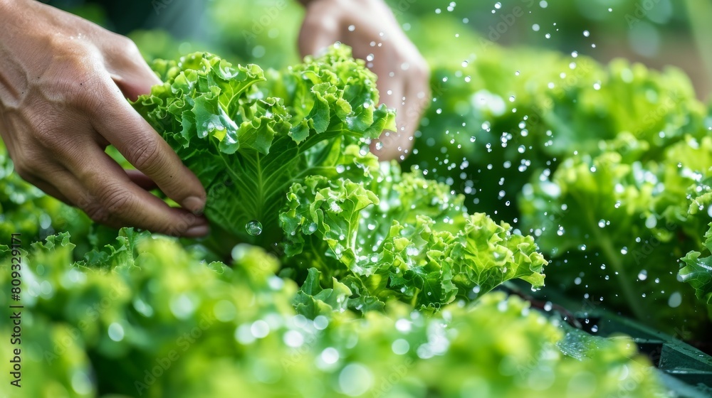 a farmer harvesting mature lettuce plants from a deep water culture (DWC) hydroponic system. The image captures the moment the plants are gently lifted from the nutrient solution roots and all