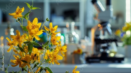 Close-up of St. Johns Wort flowers being analyzed in a modern research facility