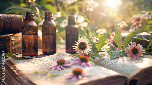 Close-up of fresh Echinacea herbs spread on ancient medicinal texts with glass bottles of extracted essences