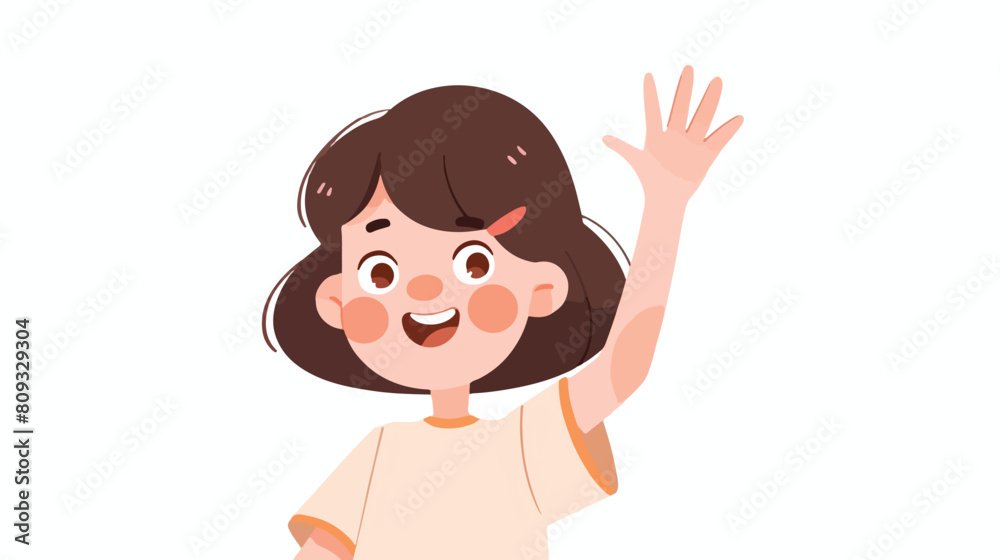 Smiling girl with friendly face waving hand and say