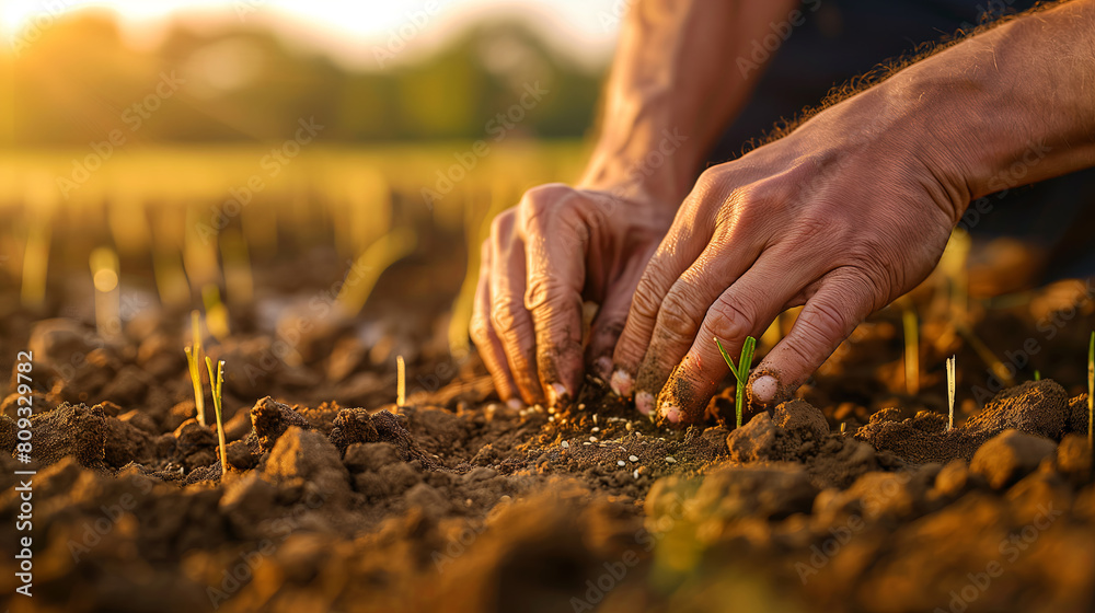 Farmer Planting Young Seedlings in Fertile Soil at Sunset Farmer Planting Young Seedlings in Fertile Soil at Sunset