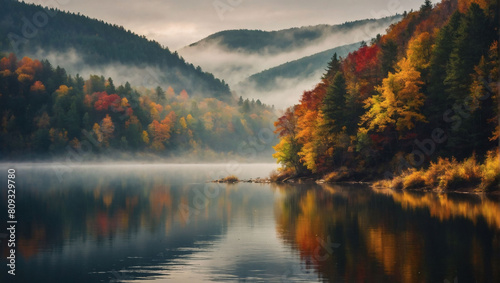 Autumnal Tranquility  Vibrant Forest Scene with Foggy Lake and Mountains.