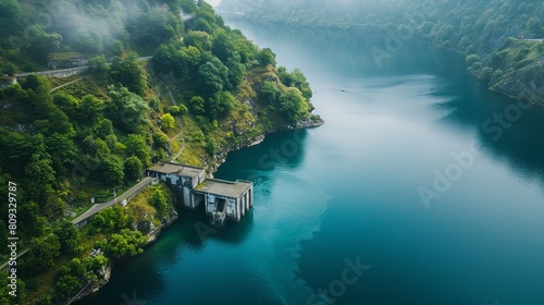 Renewable Energy Source: Aerial Photography of a Hydroelectric Plant on a Lake