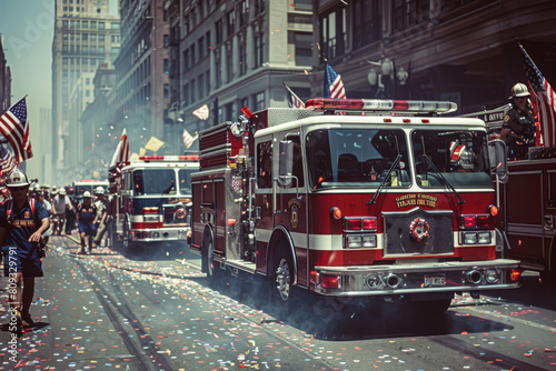 Group of Fire Trucks Driving Down Street. Generative AI