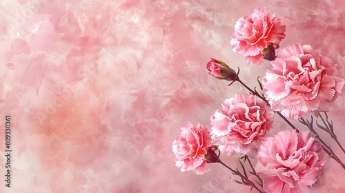 Pink carnation flowers on a watercolor background, copy space.
