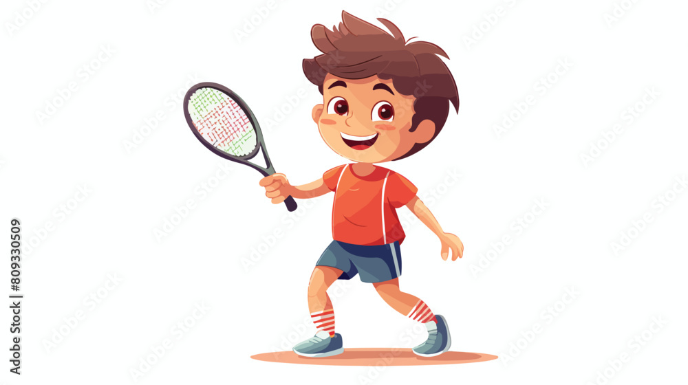 Smiling boy dressed in sportswear holding tennis ra