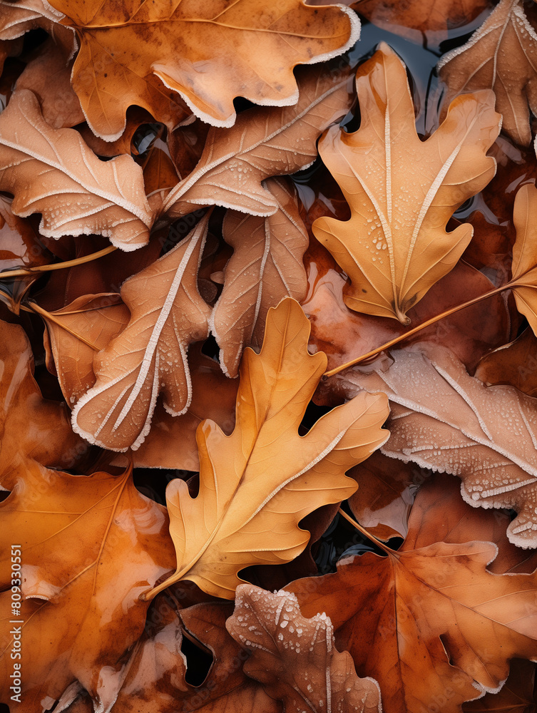 autumn leaves on the ground. Close up of frozen oak leaf. Winter morning autumn leaves on the ground. Close up of frozen oak leaf. Winter morning