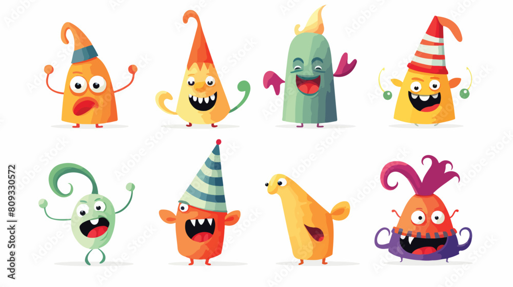 Smiling birthday party characters - spriped hat and