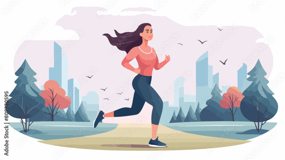 Smiling active woman jogging vector flat illustrati