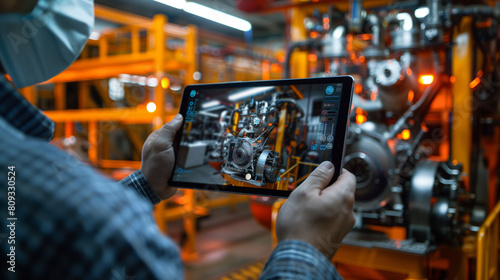 Futuristic Technology Concept. Engineer team working with Tablet and Computer.