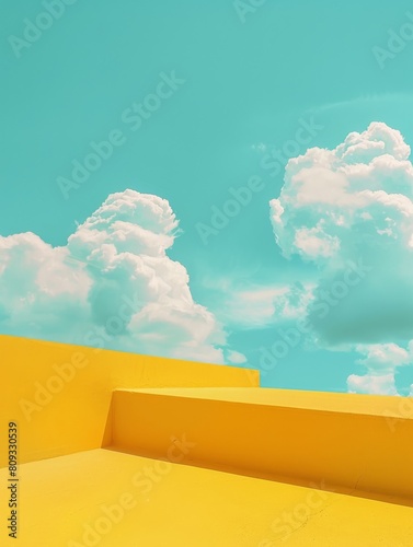 A a low angle shot of flat yellow 3d plataform with no texture and at the background the clear sky with very few smalls clouds photo
