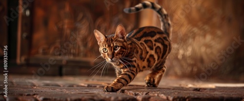 A Beautiful Bengal Cat Strikes A Pose On A Brown Background, Showcasing Its Sleek And Muscular Physique, With A Wild Appearance Accentuated By Its Bold Markings, High quality photography  © AICraft