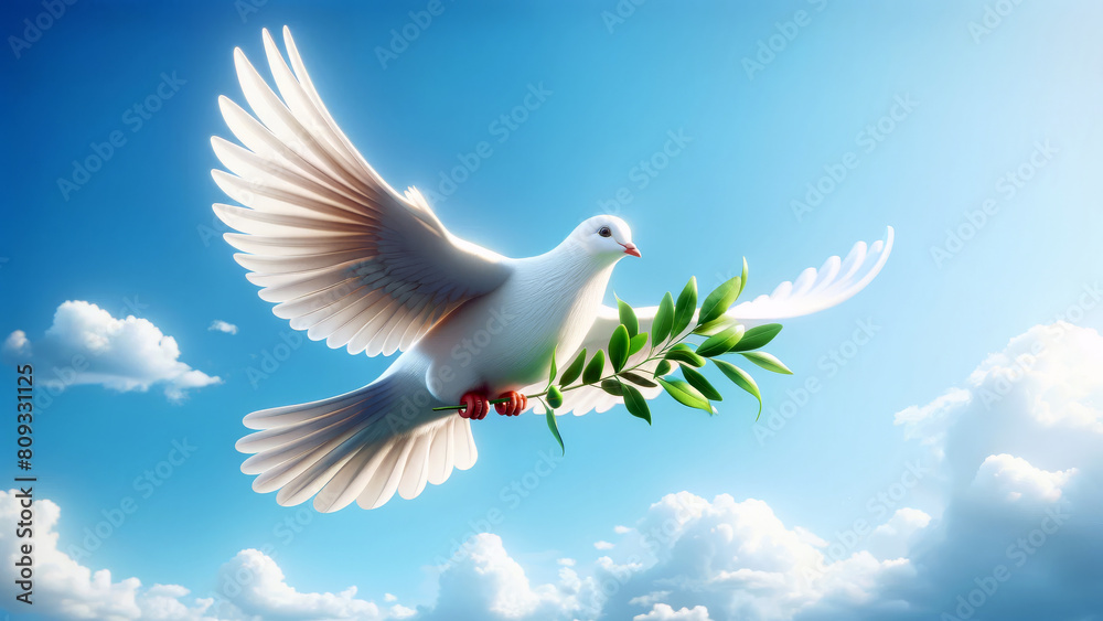 Dove of Hope Soaring with Branch Against Clouds Dove of Hope Soaring with Branch Against Clouds
