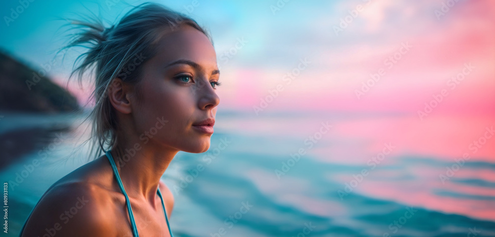 Beautiful woman in bikini on the beach with blue and pink bioluminescent lights. Dreamy portrait with copy space Beautiful woman in bikini on the beach with blue and pink bioluminescent lights. Dreamy portrait with copy space