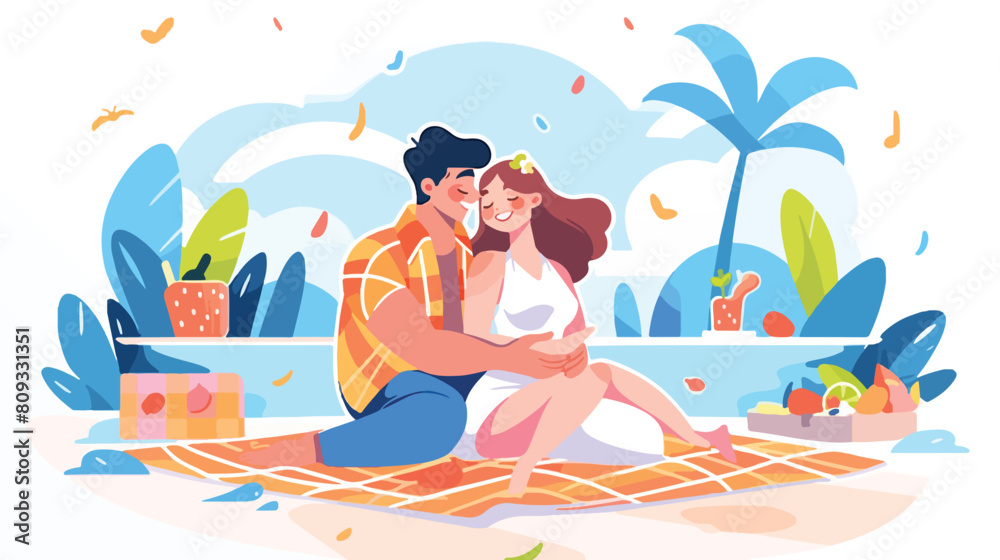 Smiling couple in swimsuit sit on plaid have romanc