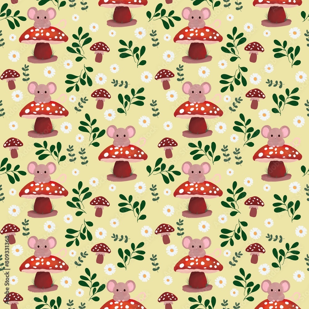 Woodland Mushroom Mouse and Daisy Seamless Pattern Illustration, Nature, Cozy, Cute, Toadstool, Nursery, Pastel Yellow Background
