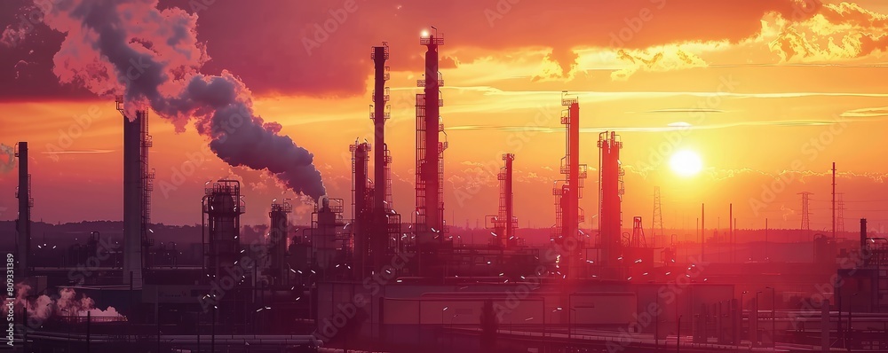 View for the oil rafinery in the sunset, petrochemical plant.