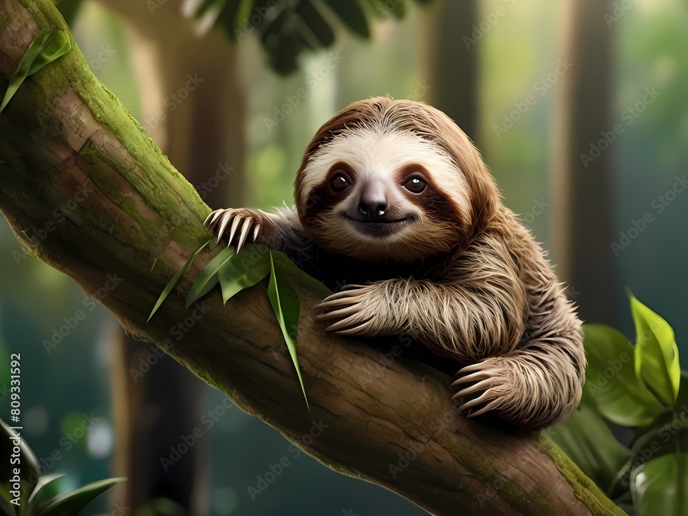 beautiful digital painting of a baby sloth hanging from a tree with a lush green rainforest background beautiful digital painting of a baby sloth hanging from a tree with a lush green rainforest background