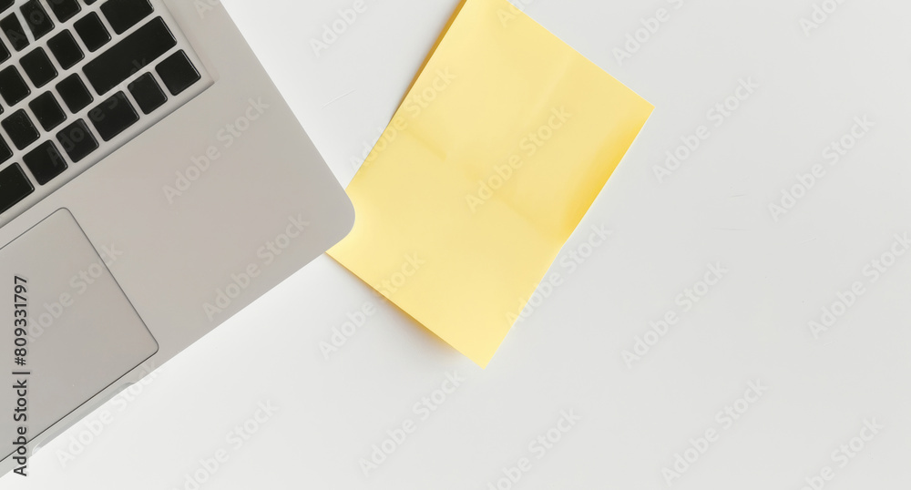 Laptop, sticky note and label with schedule above in planning, agenda or tasks at office. Top view of empty space with small document, tab or sign for checklist, tips or reminder on memo at workplace Laptop, sticky note and label with schedule above in planning, agenda or tasks at office. Top view of empty space with small document, tab or sign for checklist, tips or reminder on memo at workplace