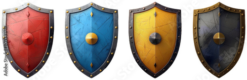 a row of shields with different colors on a blue wall, transparent background png photo