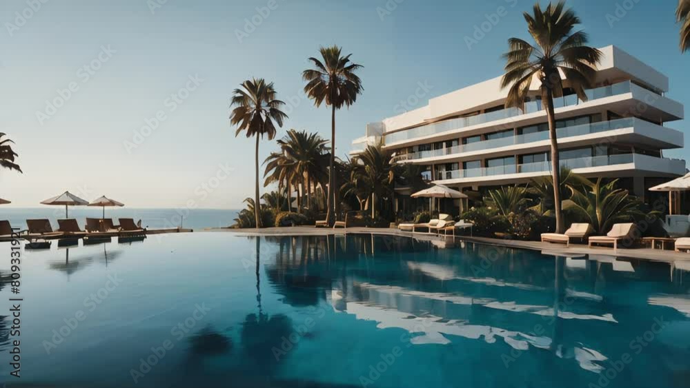 Expensive modern multi-storey beach hotel with a private pool and palm trees