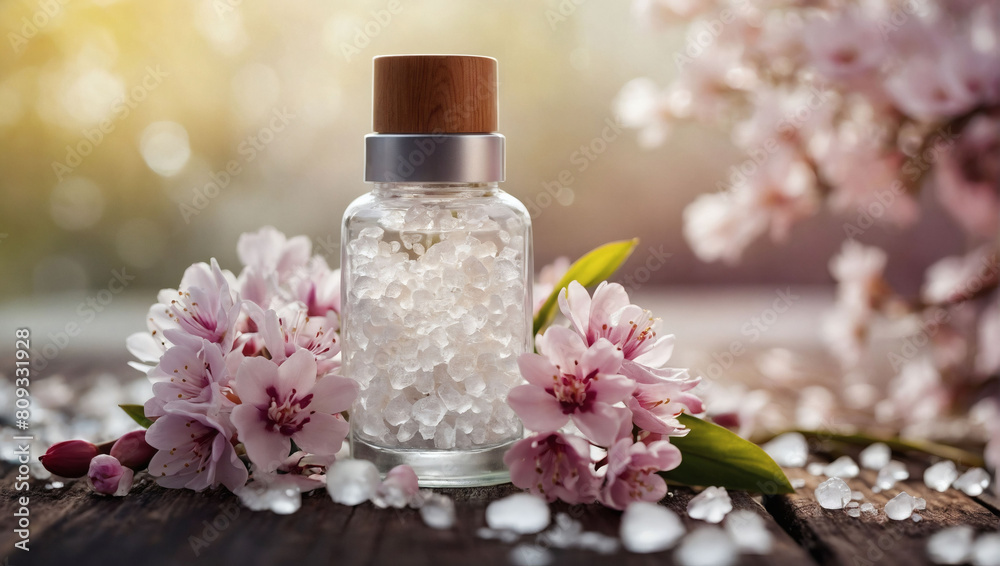Blossoming Beauty, Illustration of Spa Skin Care Product, Sea Salt Bottle with Flowers, Harmonizing with the Tranquil Ambiance of Springtime Nature Blossoming Beauty, Illustration of Spa Skin Care Product, Sea Salt Bottle with Flowers, Harmonizing with the Tranquil Ambiance of Springtime Nature