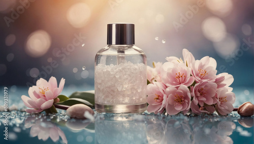 Blossoming Beauty, Illustration of Spa Skin Care Product, Sea Salt Bottle with Flowers, Harmonizing with the Tranquil Ambiance of Springtime Nature