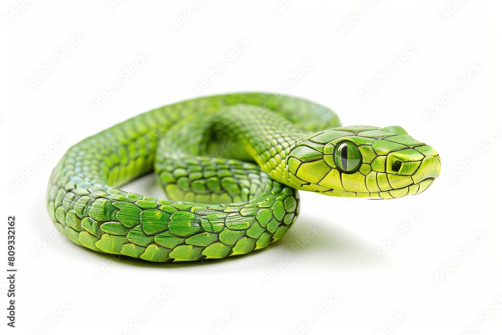 Fototapeta premium Green wooden snake on isolated white background with neat tail 