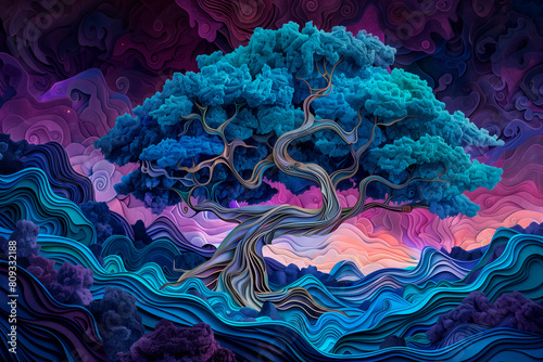 Mystical Forest: Paper Cut Illustration Art a Gigantic Tree and Its Intricate Roots in Vibrant Emerald Green and Midnight Blue