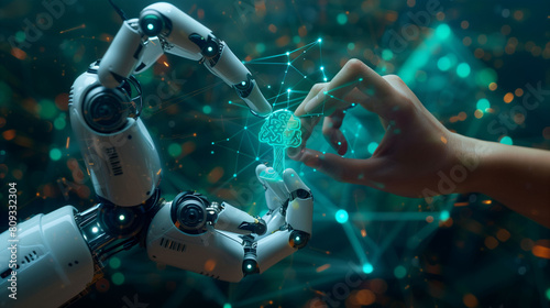  Machine learning, Hands of robot and human touching on big data network connection intelligence technology, innovation of futuristic.