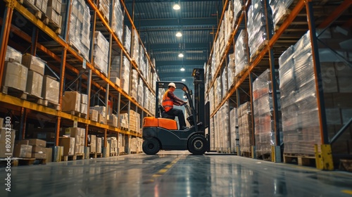 A man operates a forklift amidst shelving and fixtures in a warehouse, while moving wooden flooring for an upcoming event. AIG41